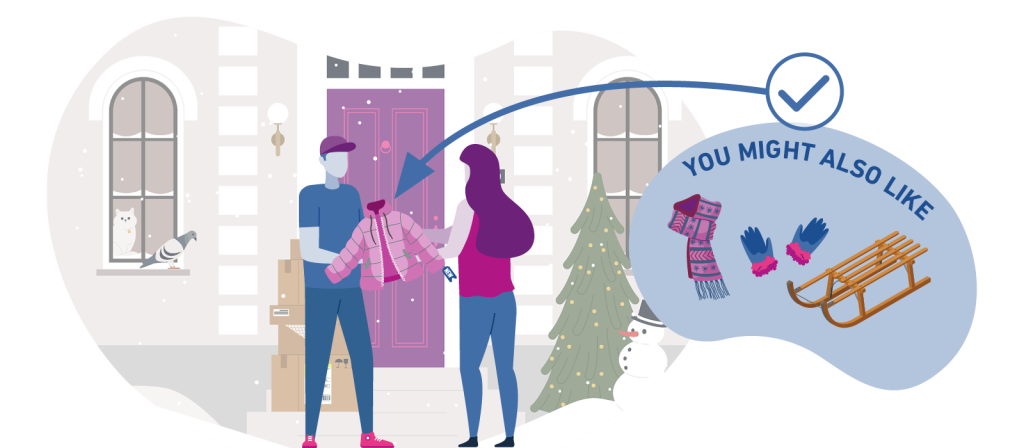 Graphic showing someone buying a snow jacket, and also being recommended boots and shovel